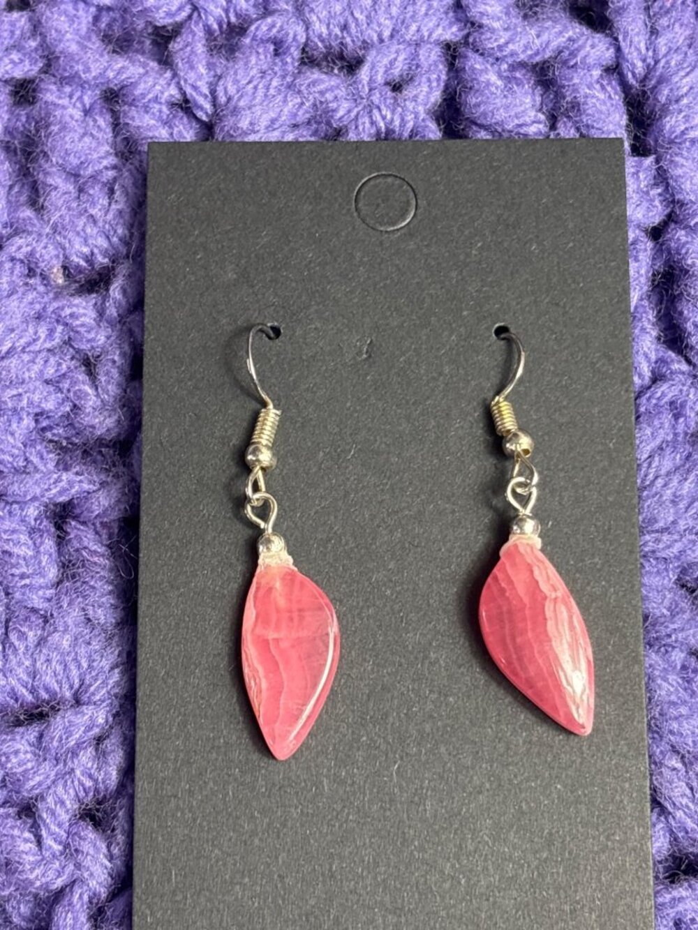 Pink Banded Rhodochrosite Stone Dangle Earrings Silvertone Hooks 1 inch
